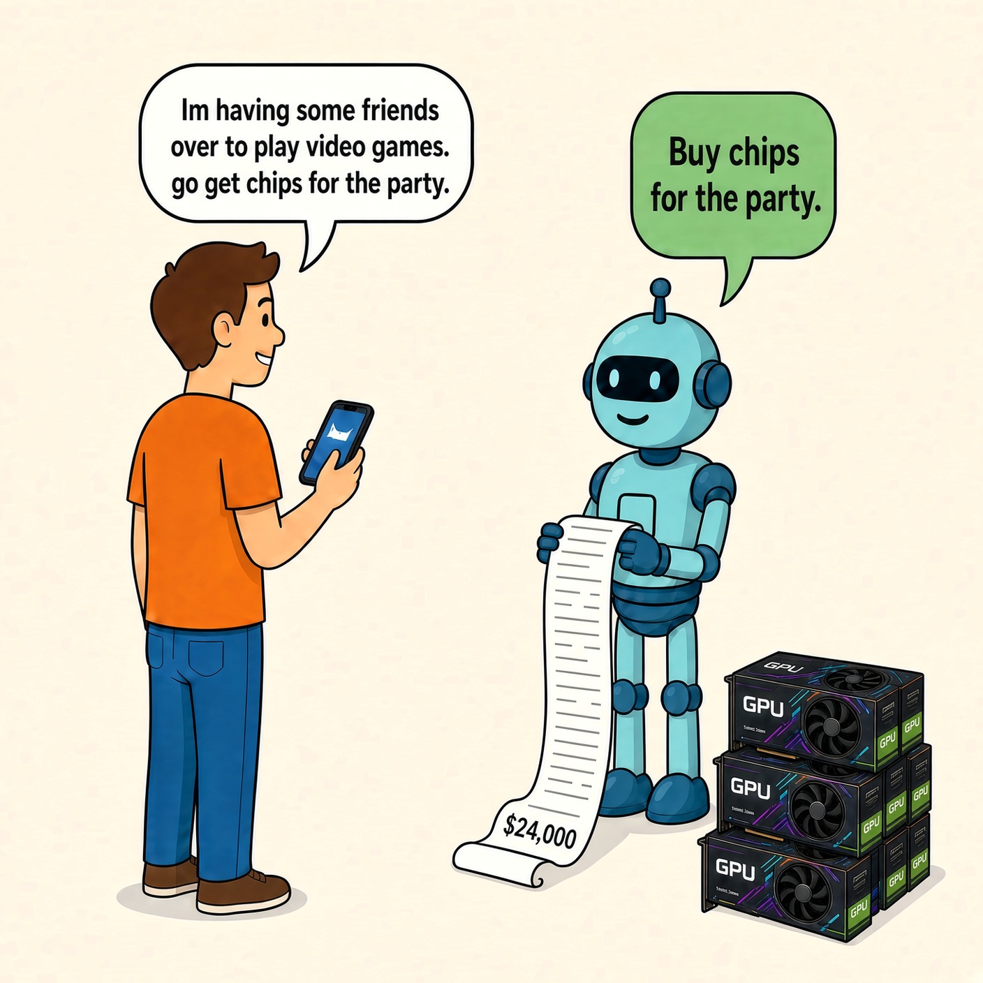 A person tells a robot agent "I'm having some friends over to play video games, go get chips for the party." The robot repeats "Buy chips for the party" while holding a $24,000 receipt next to a stack of GPU boxes
