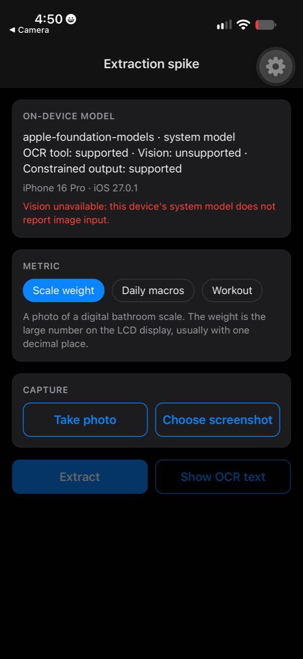 The app's model card: iPhone 16 Pro, iOS 27.0.1, Vision unsupported, with the reason line in red