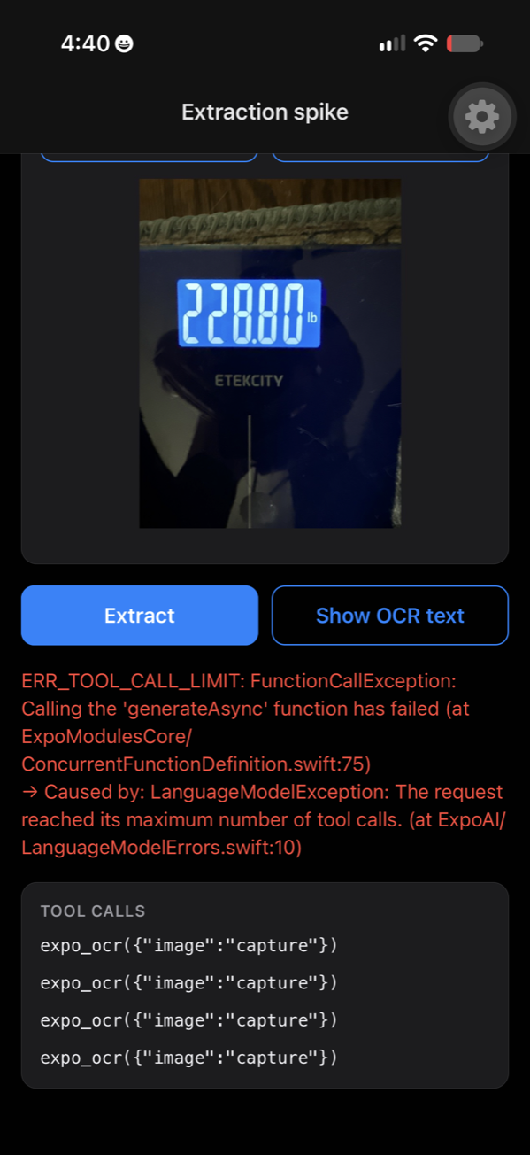 The scale photo at 228.80 lb with an ERR_TOOL_CALL_LIMIT error after four expo_ocr calls