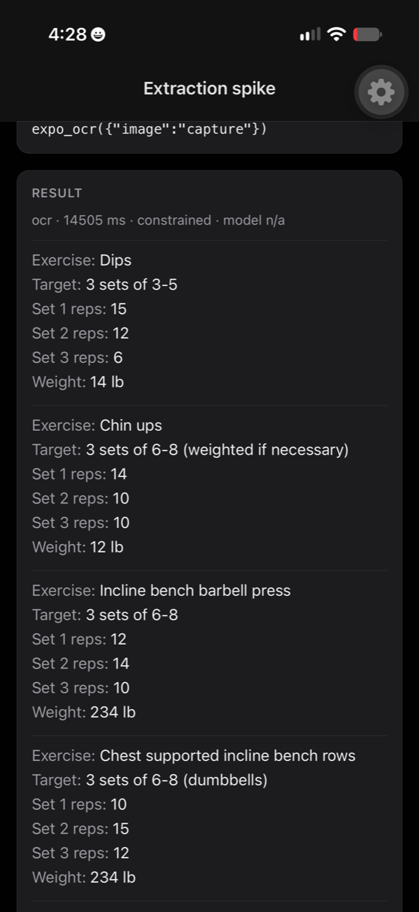 Extracted workout rows where the reps and weights follow the sheet's columns top to bottom
