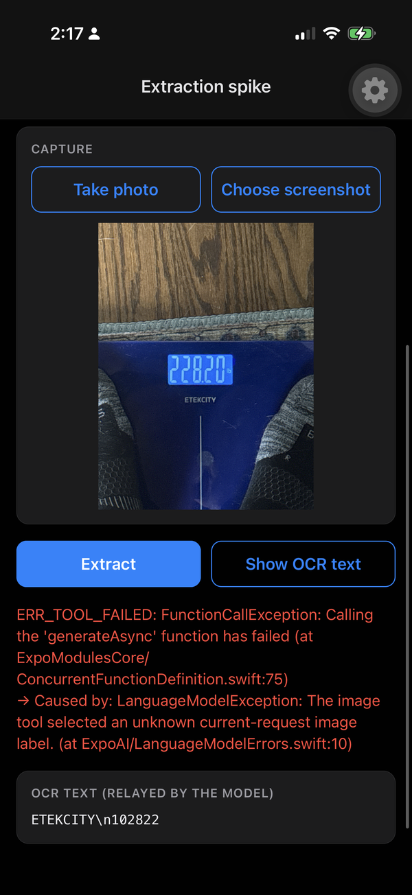 The extraction spike app erroring on a scale photo, with the OCR text reading ETEKCITY and 102822