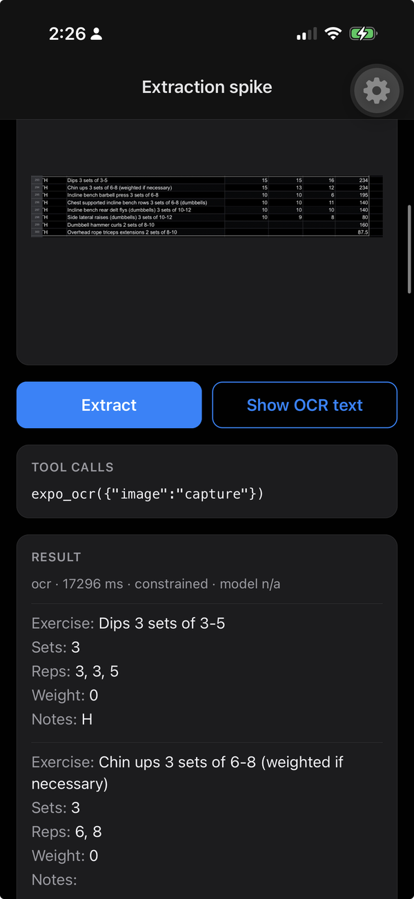 A workout spreadsheet screenshot where the reps come from the exercise names and every weight is 0
