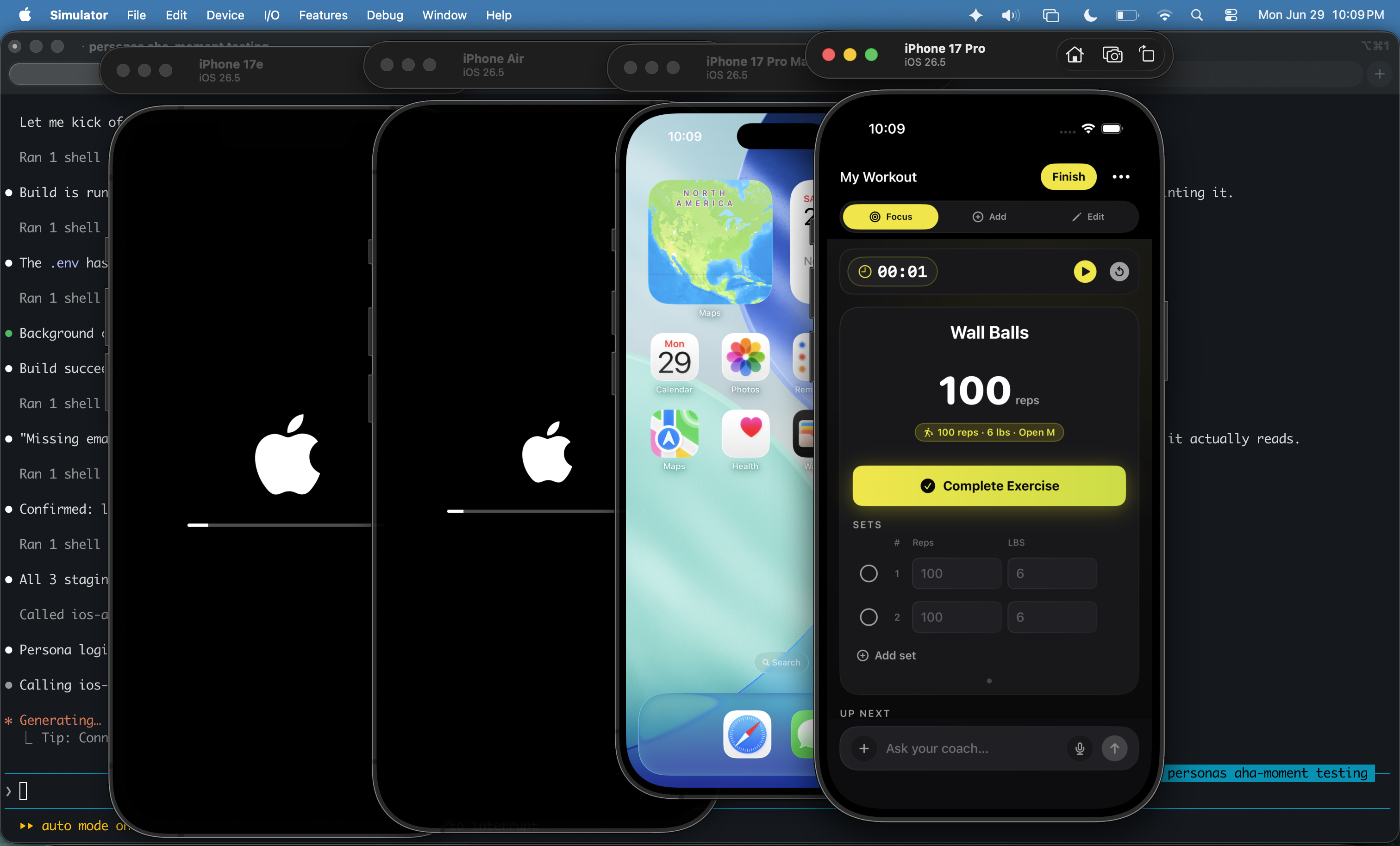 Four iOS simulators driven at once, each on its own persona
